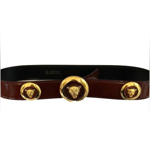 Vintage Escada Tiger Head Belt Brown Patent Leather Gold Medallion sz 38 - Picture 2 of 7